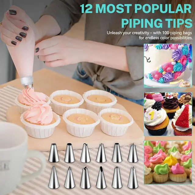 Alt view image 4 of 7 - HOTEC Piping Bags and Tips Set, 120 Pcs Cake Decorating Kit with 100pcs 12 Inch Disposable Pastry Bags, 1 Reusable Piping Bags, 12 Piping Tips, 3 Cake Scraper, 2 Couplers, 2 Bag Ties, Baking Supplies