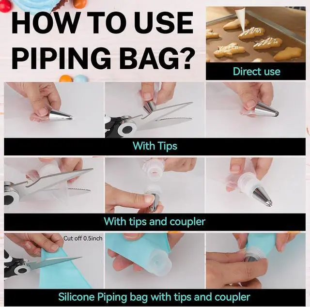 Alt view image 7 of 7 - HOTEC Piping Bags and Tips Set, 120 Pcs Cake Decorating Kit with 100pcs 12 Inch Disposable Pastry Bags, 1 Reusable Piping Bags, 12 Piping Tips, 3 Cake Scraper, 2 Couplers, 2 Bag Ties, Baking Supplies