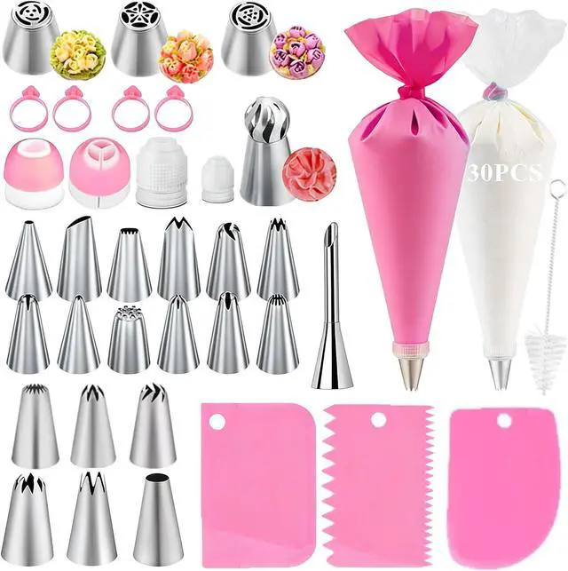 Main image of 66Pcs Piping Bags and Tips Set, Cake Decorating Tools Supplies, Stainless Steel frosting tips with Reusable Pastry Bag, Cake Decorating Tips Set for DIY Pastry Dough, Cookie, Cupcake, Cake (Pink)