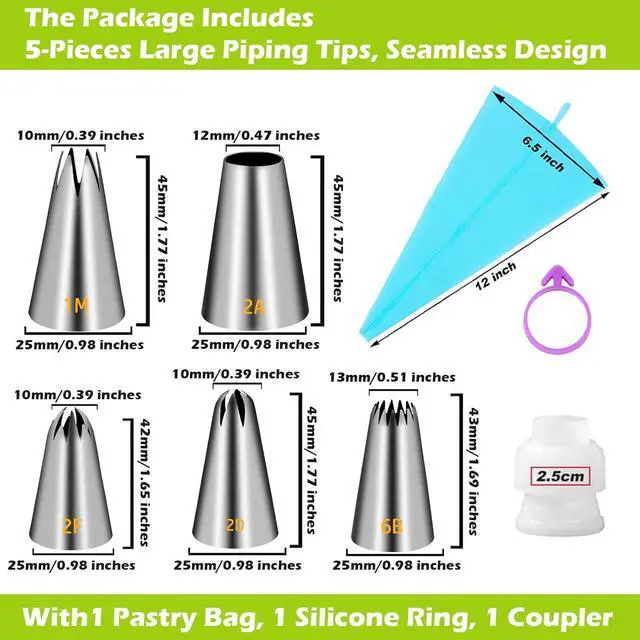 Alt view image 6 of 6 - Suuker Large Piping Tips Set, 1M 2D 2F 6B 2A with Reusable Bag