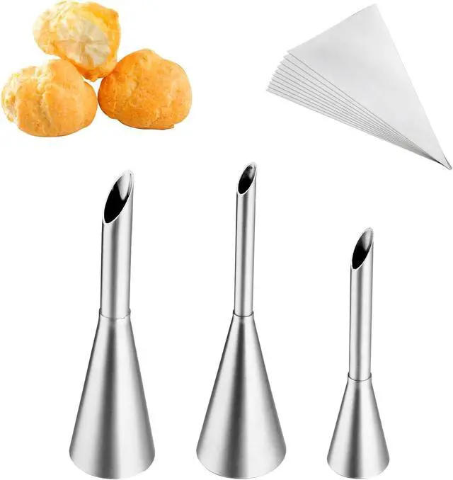 Main image of Kasmoire 3Pcs Cream Icing Piping Nozzle Tips,Stainless Steel Long Puff Nozzle Tip With 10Pcs Disposable Piping Bags,Puff Pastry Filling Cake Decorating Tools