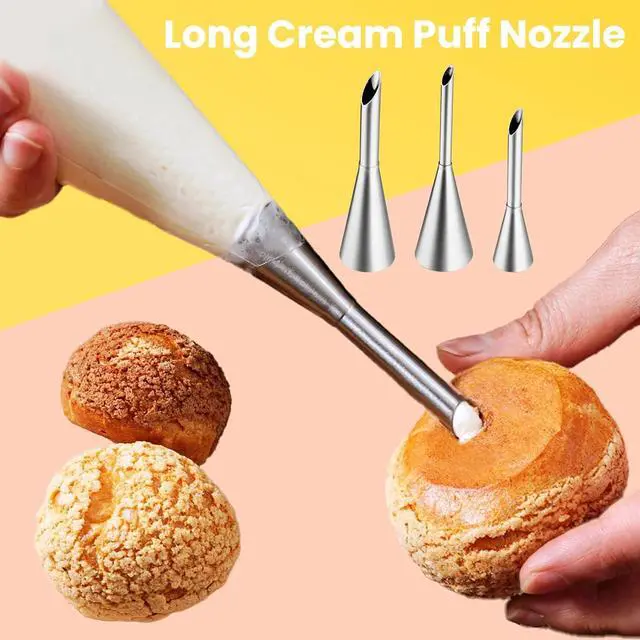 Alt view image 6 of 7 - Kasmoire 3Pcs Cream Icing Piping Nozzle Tips,Stainless Steel Long Puff Nozzle Tip With 10Pcs Disposable Piping Bags,Puff Pastry Filling Cake Decorating Tools