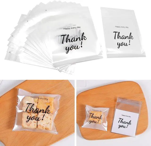 Main image of 100 Pcs Self Adhesive Cookie Bags, with Thank You sign,Searik White Polka Dot Plastic Pastry Bags for Giving Bakery Candy Cookie Chocolate (4 x 4 Inches, 100 Pcs)
