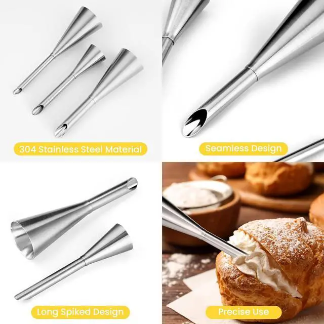 Alt view image 2 of 7 - Kasmoire 3Pcs Cream Icing Piping Nozzle Tips,Stainless Steel Long Puff Nozzle Tip With 10Pcs Disposable Piping Bags,Puff Pastry Filling Cake Decorating Tools