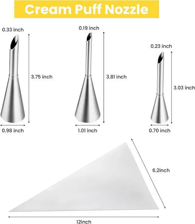 Alt view image 3 of 7 - Kasmoire 3Pcs Cream Icing Piping Nozzle Tips,Stainless Steel Long Puff Nozzle Tip With 10Pcs Disposable Piping Bags,Puff Pastry Filling Cake Decorating Tools