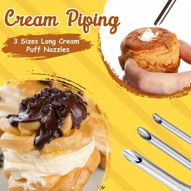 Alt view image 4 of 7 - Kasmoire 3Pcs Cream Icing Piping Nozzle Tips,Stainless Steel Long Puff Nozzle Tip With 10Pcs Disposable Piping Bags,Puff Pastry Filling Cake Decorating Tools
