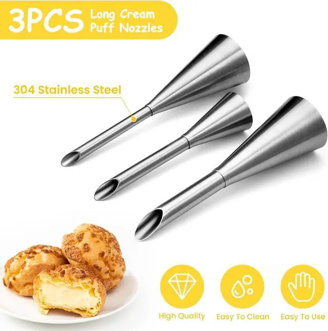 Alt view image 5 of 7 - Kasmoire 3Pcs Cream Icing Piping Nozzle Tips,Stainless Steel Long Puff Nozzle Tip With 10Pcs Disposable Piping Bags,Puff Pastry Filling Cake Decorating Tools