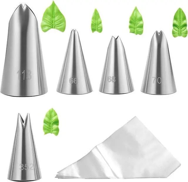 Main image of 5Pcs Leaf Piping Icing Nozzles, Stainless Steel Cake Decorating Tips with 10Pcs Disposable Piping Bags for Pastry Cupcakes Cookie Cake Fondant Baking