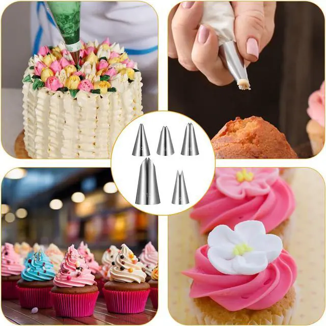 Alt view image 6 of 7 - 5Pcs Leaf Piping Icing Nozzles, Stainless Steel Cake Decorating Tips with 10Pcs Disposable Piping Bags for Pastry Cupcakes Cookie Cake Fondant Baking