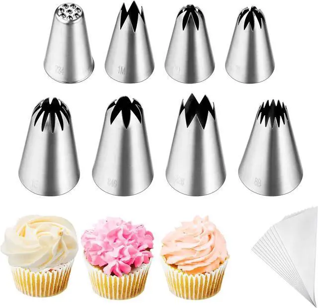 Main image of Kasmoire 8Pcs Large Piping Tips Set,Stainless Steel Icing Tips with 10 Disposable Pastry Bags for Cake Decorating