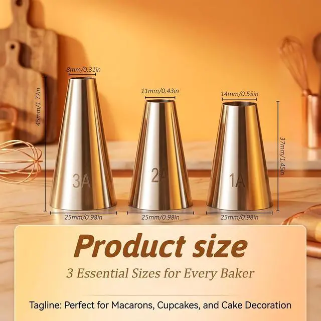 Alt view image 3 of 7 - 1A/2A/3A Large Cake Piping Tips, 3 PCS Round Piping Tip for Cake Decorating Stainless Steel Frosting Tips Professional Baking Decoration Tools for Cupcakes Cakes Cookies Macarons Pastry Fondant