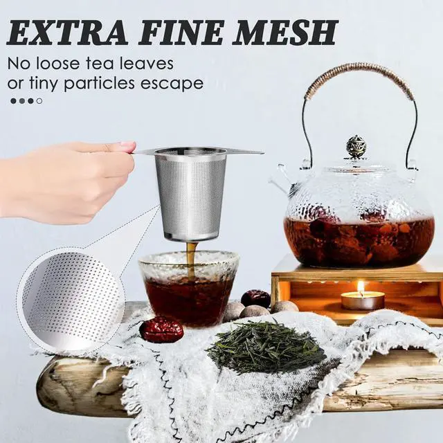 Alt view image 3 of 6 - Extra Fine 18/8 Stainless Steel Tea Infuser Mesh Strainer with Large Capacity & Perfect Size Double Handles for Hanging on Teapots, Mugs, Cups to Steep Loose Leaf Tea and Coffee