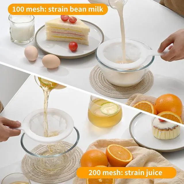 Alt view image 3 of 6 - Premium Multi-Mesh Strainer Set, Nylon and Plastic Fine Mesh Sieve, 100/200 Mesh, 2 Pack, for Tea, Coffee, Nut Milk, Juice, Broth, Smoothies