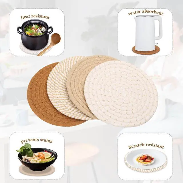 Alt view image 4 of 7 - Billbotk 7" Trivets for Hot Dishes, Hot pots and Pans, 4 Heat Resistant Hot Pads, Pot Holders for Kitchen, Home Essentials for New Home and Farmhouse Decor, Fall Decorations for Home(Brown)