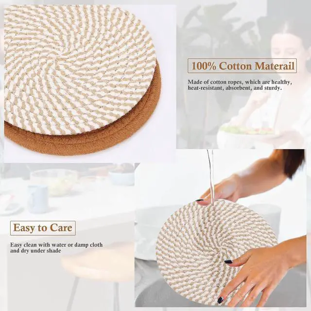 Alt view image 3 of 7 - Billbotk 7" Trivets for Hot Dishes, Hot pots and Pans, 4 Heat Resistant Hot Pads, Pot Holders for Kitchen, Home Essentials for New Home and Farmhouse Decor, Fall Decorations for Home(Brown)