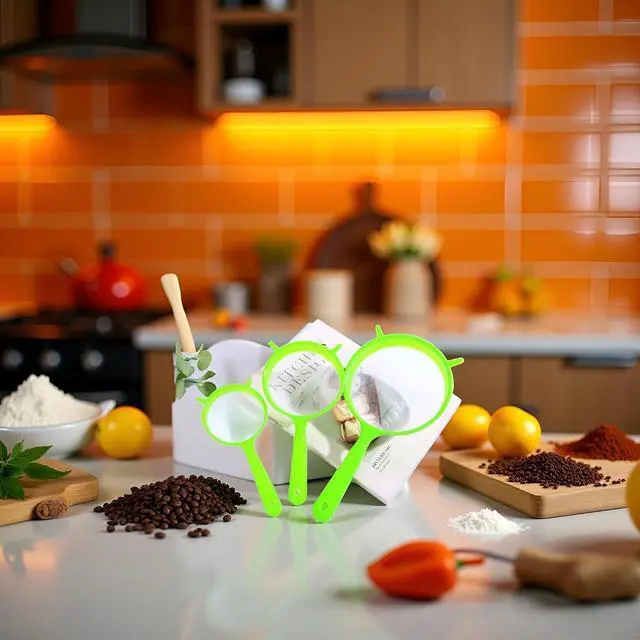 Alt view image 3 of 6 - 3 PCS/Set Flour Sifter with Long Handle, Plastic Hangable Flour Colander Powder Filter Strainer Fine Mesh Colander Coffee Filter Tea Strainer, Strainers and Colanders and Food StrainersGreen