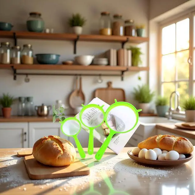 Alt view image 5 of 6 - 3 PCS/Set Flour Sifter with Long Handle, Plastic Hangable Flour Colander Powder Filter Strainer Fine Mesh Colander Coffee Filter Tea Strainer, Strainers and Colanders and Food StrainersGreen