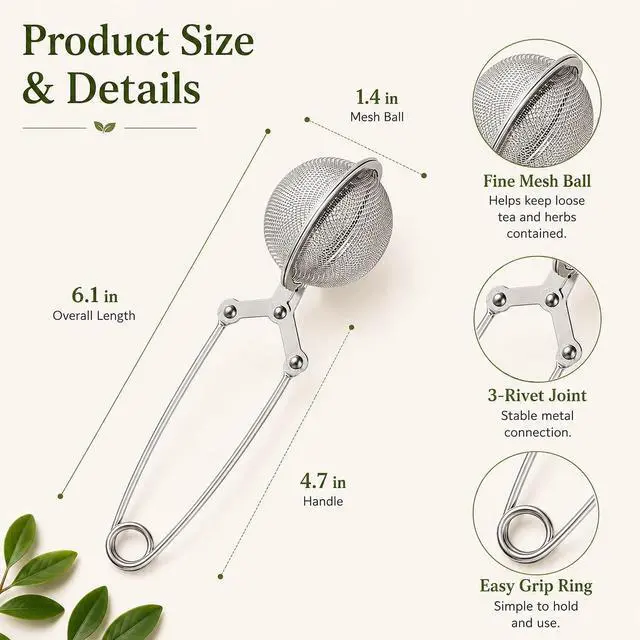 Alt view image 6 of 7 - 2-Pack Tea Ball Infusers, Stainless Steel Fine Mesh Tea Strainer with Long Handle for Loose Leaf Tea, Brewing, Steeping, Herbs, Spices & Seasonings