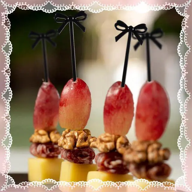 Alt view image 7 of 7 - Black Cocktail Picks, 60 Pcs Black Bow Decor Fruit Fork Bow Drink Stirrers Black Bow Cupcake Toppers Bow Design Party Food Sticks Dessert Picks Decorative Skewers for Appetizers Drinks Party Fruit