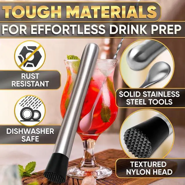 Alt view image 3 of 7 - 3-in-1 Cocktail Muddler and Bar Spoon Set, Stainless Steel, 10 in