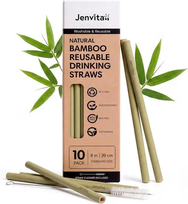 Main image of Jenvita 100% Bamboo Straws, 10 Pack, 8 Inch Reusable with Cleaner