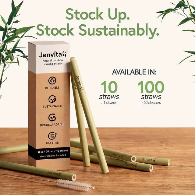 Alt view image 7 of 7 - Jenvita 100% Bamboo Straws, 10 Pack, 8 Inch Reusable with Cleaner