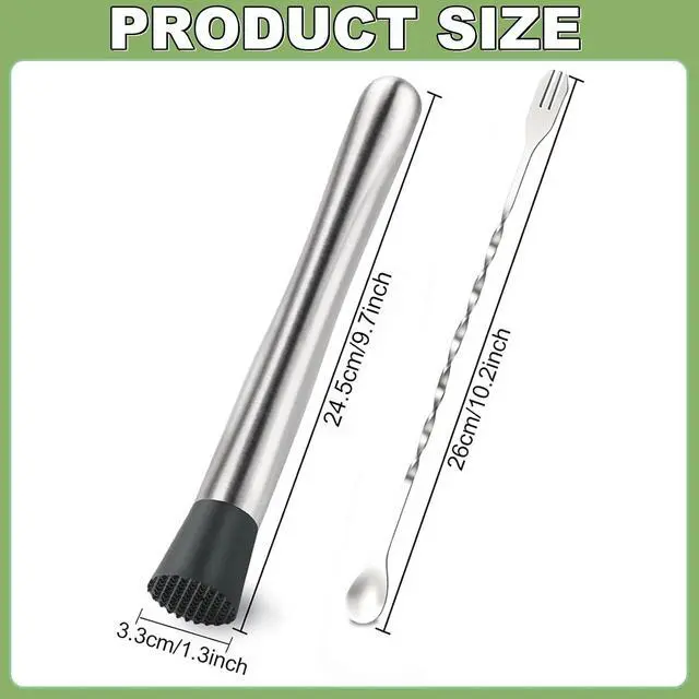 Alt view image 2 of 7 - 4Pcs 10'' Muddler and Spoon Set for Cocktails 304 Stainless Steel Fruit Smasher Home Bar Bartender Accessories Stirrers Mixing Tools for Mojitos Drinks Lemonade Stand Supplies