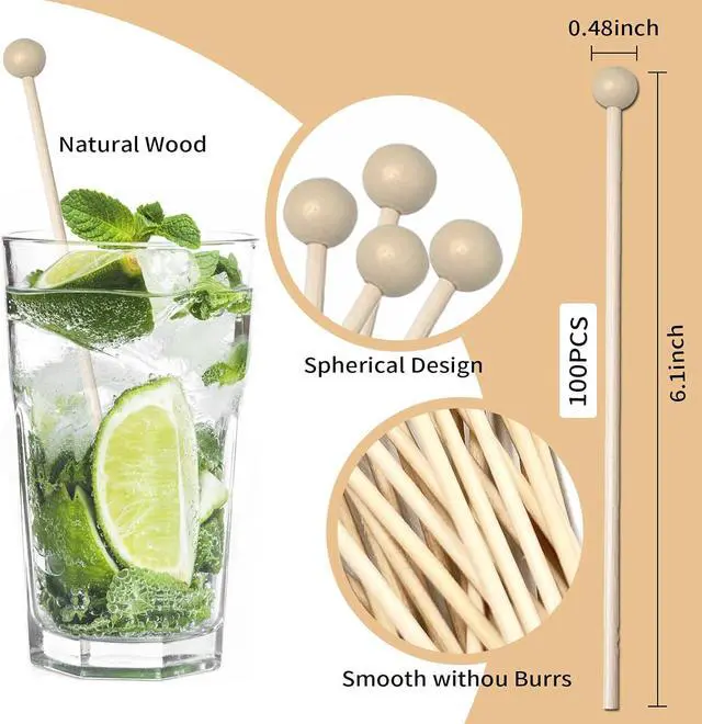 Alt view image 2 of 6 - 100 Pieces 6Inch Rock Candy Sticks with Ball Wooden Sticks Wood Cake Sticks Drink Stirrer Sticks for Lollipop Coffee Appetizer Skewers (Round)