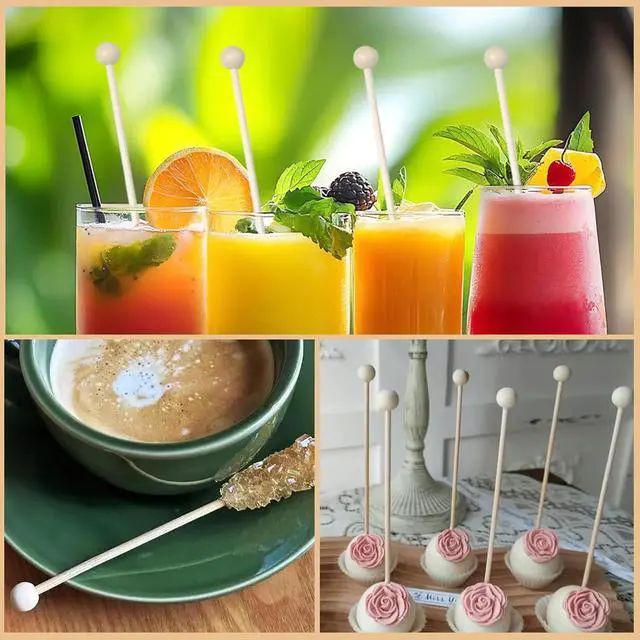Alt view image 5 of 6 - 100 Pieces 6Inch Rock Candy Sticks with Ball Wooden Sticks Wood Cake Sticks Drink Stirrer Sticks for Lollipop Coffee Appetizer Skewers (Round)