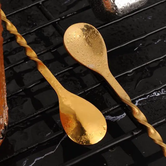 Alt view image 4 of 6 - AnSaw Gold 10-Inch Stainless Steel Cocktail Spoon with Leaf Handle