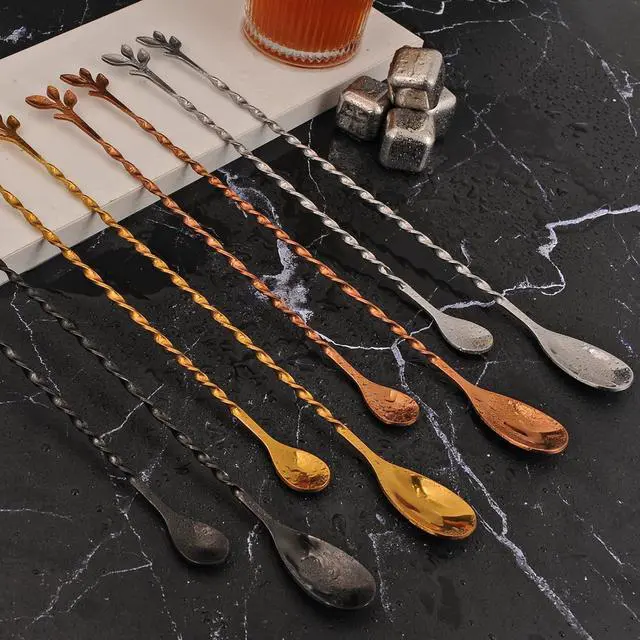 Alt view image 5 of 6 - AnSaw Gold 10-Inch Stainless Steel Cocktail Spoon with Leaf Handle