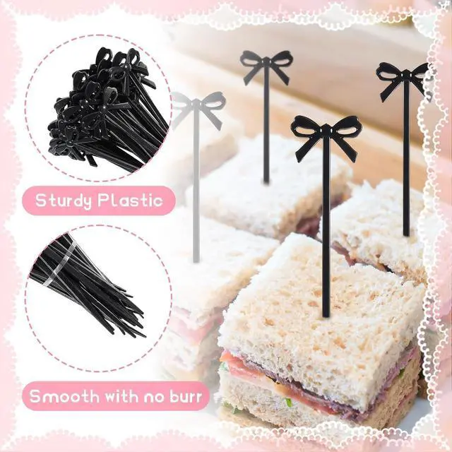 Alt view image 3 of 7 - Black Cocktail Picks, 60 Pcs Black Bow Decor Fruit Fork Bow Drink Stirrers Black Bow Cupcake Toppers Bow Design Party Food Sticks Dessert Picks Decorative Skewers for Appetizers Drinks Party Fruit