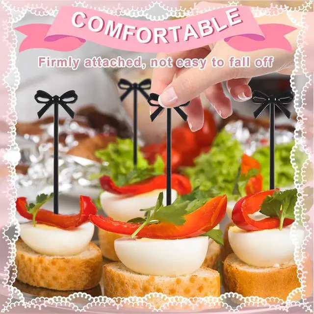 Alt view image 4 of 7 - Black Cocktail Picks, 60 Pcs Black Bow Decor Fruit Fork Bow Drink Stirrers Black Bow Cupcake Toppers Bow Design Party Food Sticks Dessert Picks Decorative Skewers for Appetizers Drinks Party Fruit