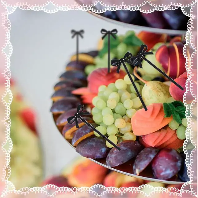Alt view image 5 of 7 - Black Cocktail Picks, 60 Pcs Black Bow Decor Fruit Fork Bow Drink Stirrers Black Bow Cupcake Toppers Bow Design Party Food Sticks Dessert Picks Decorative Skewers for Appetizers Drinks Party Fruit