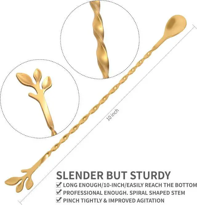 Alt view image 2 of 6 - AnSaw Gold 10-Inch Stainless Steel Cocktail Spoon with Leaf Handle