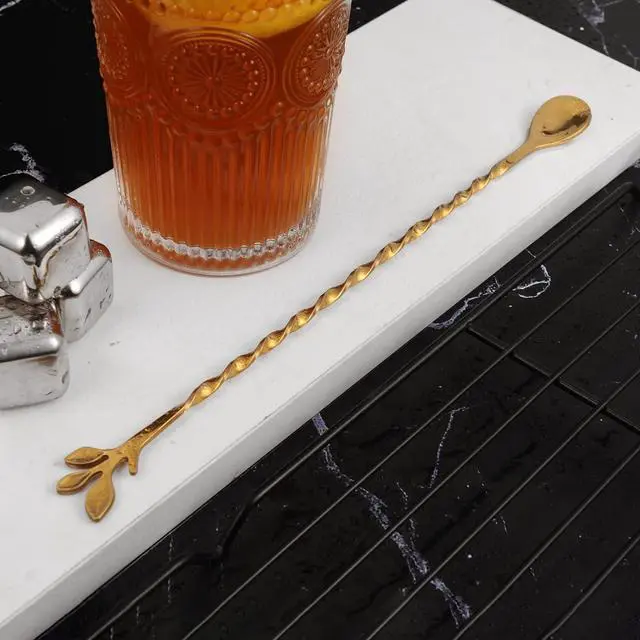Alt view image 3 of 6 - AnSaw Gold 10-Inch Stainless Steel Cocktail Spoon with Leaf Handle