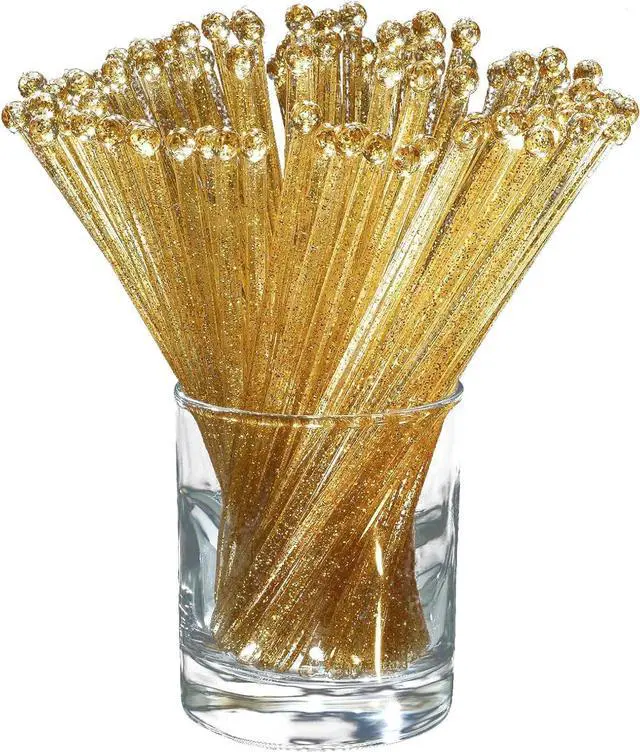 Main image of Ball Head Stirrer Disposible Plastic Round Top Crystal Swizzle Sticks, Crystal Cake Pops, Cocktail Coffee Drink Stirrers 100 Pieces (Clear Gold Glitter)