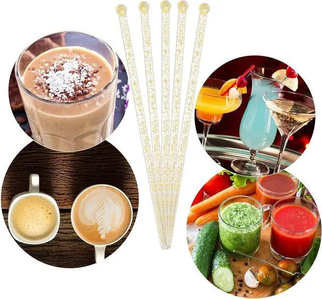 Alt view image 3 of 7 - Ball Head Stirrer Disposible Plastic Round Top Crystal Swizzle Sticks, Crystal Cake Pops, Cocktail Coffee Drink Stirrers 100 Pieces (Clear Gold Glitter)