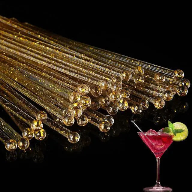 Alt view image 5 of 7 - Ball Head Stirrer Disposible Plastic Round Top Crystal Swizzle Sticks, Crystal Cake Pops, Cocktail Coffee Drink Stirrers 100 Pieces (Clear Gold Glitter)