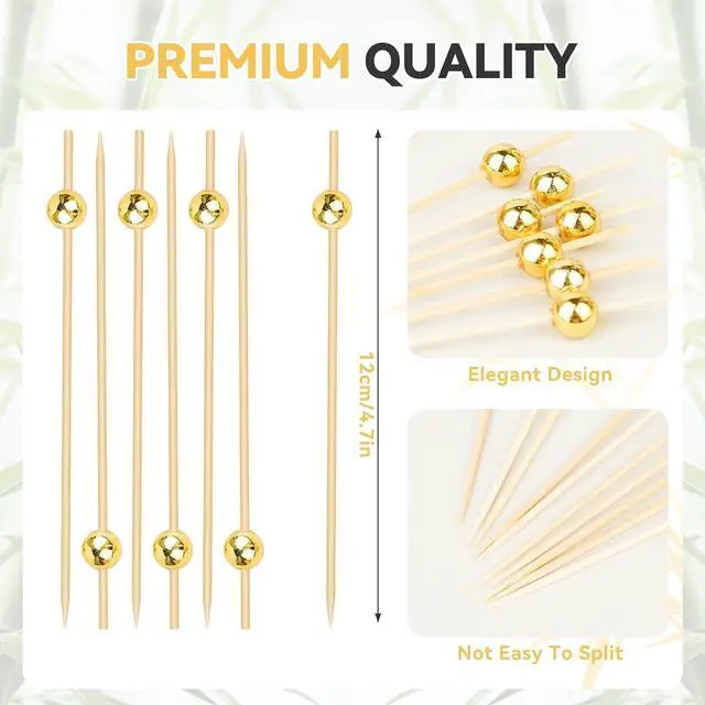 Alt view image 2 of 7 - 200PCS Cocktail Picks, Fancy Toothpicks for Appetizers, Decorative Skewers for Appetizers Drinks Party Fruit, 4.7 Inch Long Wooden Bamboo Gold Ball Food Sticks Charcuterie Boards Accessories
