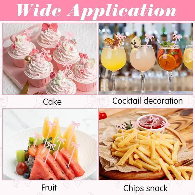 Alt view image 6 of 7 - 30Pcs Bow Cocktail Picks, 4 Inch Cute Pink Fruit Skewers for Party