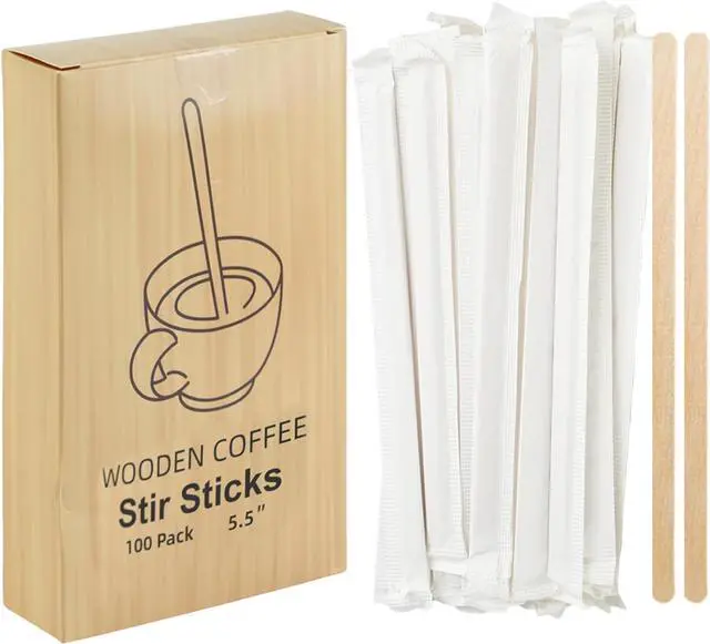 Main image of 100 Pcs Coffee Stirrers Individually Wrapped, 5.5 Inch Wooden Coffee Stir Sticks, Coffee Stirs Disposable with Smooth Round Ends for Coffee, Cocktail, Drinks Coffee Bar Accessories