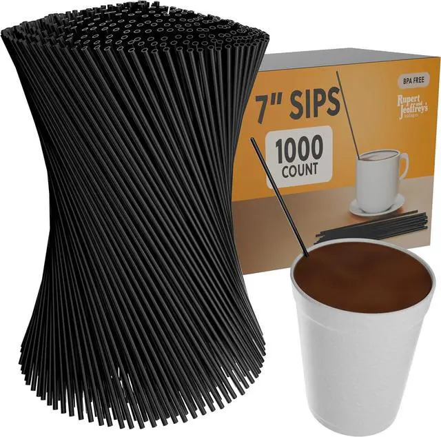 Main image of Tall 7 Inch Slim Plastic Coffee Stirrers and Sip Straws, Black, 1,000 Count