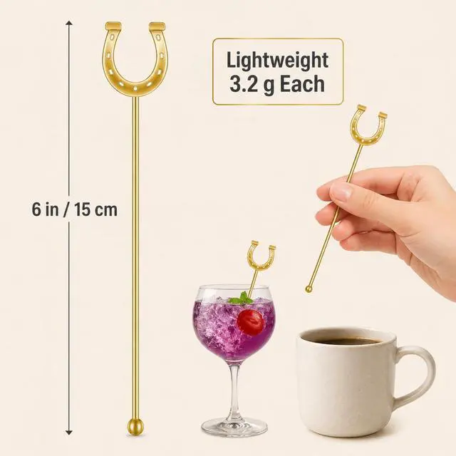 Alt view image 2 of 6 - Horseshoe Drink Stirrers 6 Inch Plastic, Gold, 30 Pcs