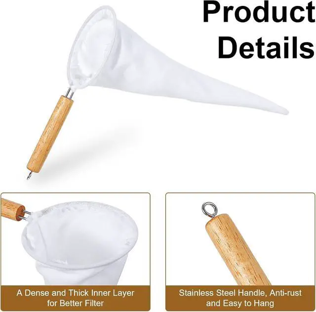 Alt view image 2 of 7 - 2 Pcs Coffee Strainer Cloth,Flannel Cloth Coffee Filter with Wood Handle Reusable Handmade Coffees Filter Sock for Coffees,Tea and Juice,White