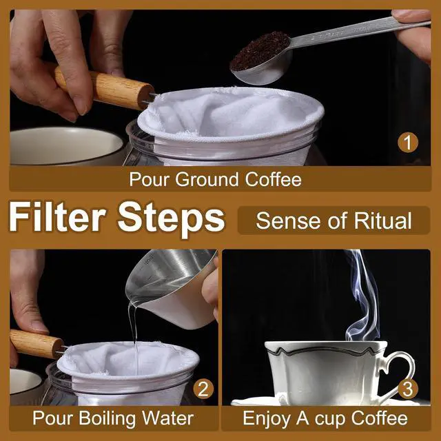 Alt view image 4 of 7 - 2 Pcs Coffee Strainer Cloth,Flannel Cloth Coffee Filter with Wood Handle Reusable Handmade Coffees Filter Sock for Coffees,Tea and Juice,White