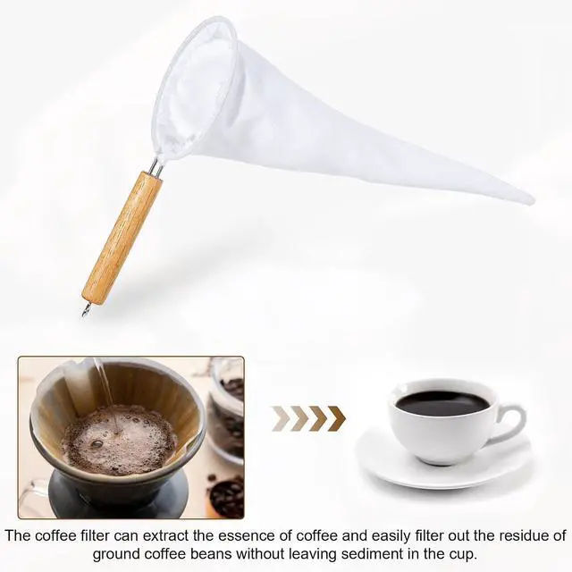 Alt view image 6 of 7 - 2 Pcs Coffee Strainer Cloth,Flannel Cloth Coffee Filter with Wood Handle Reusable Handmade Coffees Filter Sock for Coffees,Tea and Juice,White