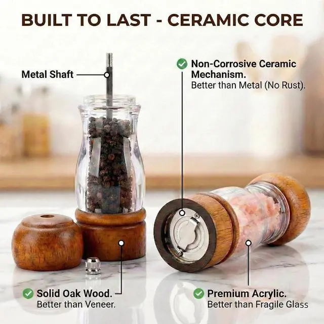 Alt view image 2 of 7 - 6.3 inch Wood Pepper Grinder, Acrylic Salt Mill with Ceramic Core