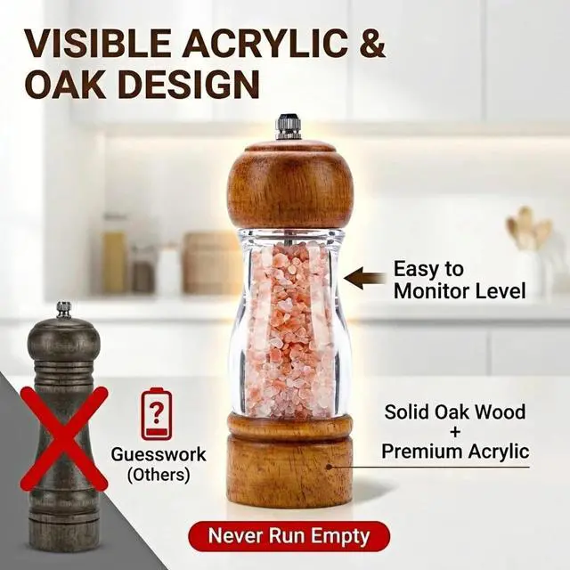 Alt view image 4 of 7 - 6.3 inch Wood Pepper Grinder, Acrylic Salt Mill with Ceramic Core