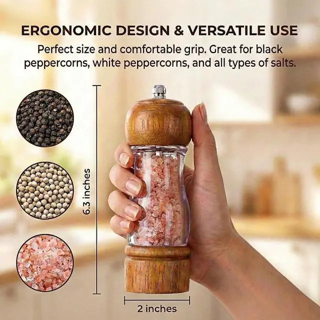 Alt view image 5 of 7 - 6.3 inch Wood Pepper Grinder, Acrylic Salt Mill with Ceramic Core